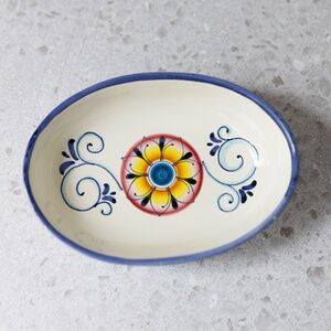 Vintage Italian Pottery Hand Painted Floral Bowl Soap Dish Blue White Yellow